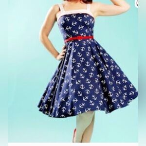 RARE AND VINTAGE PINUP GIRL CLOTHING ANCHOR PRINT NETTI SWING DRESS LARGE